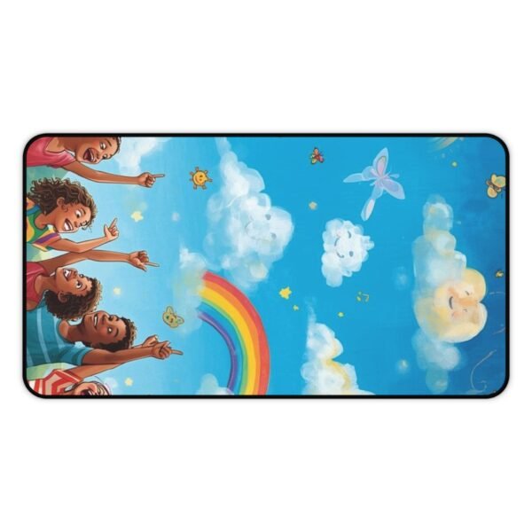 rainbow sky desk mat — playful kids illustration with clouds, rainbow & butterflies