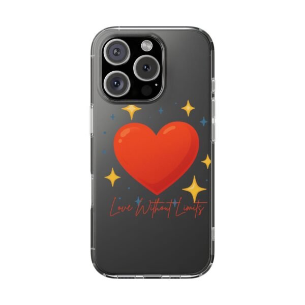 clear impact phone case — red heart & “love without limits” design