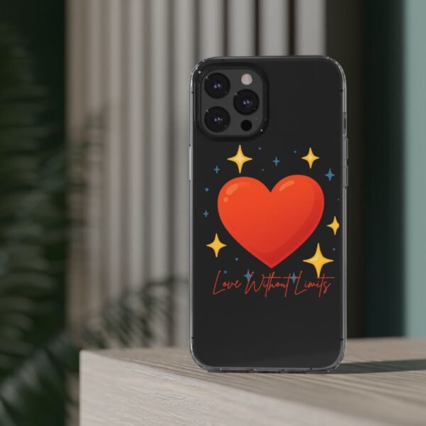 clear impact phone case — red heart & “love without limits” design