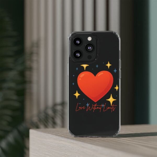 clear impact phone case — red heart & “love without limits” design
