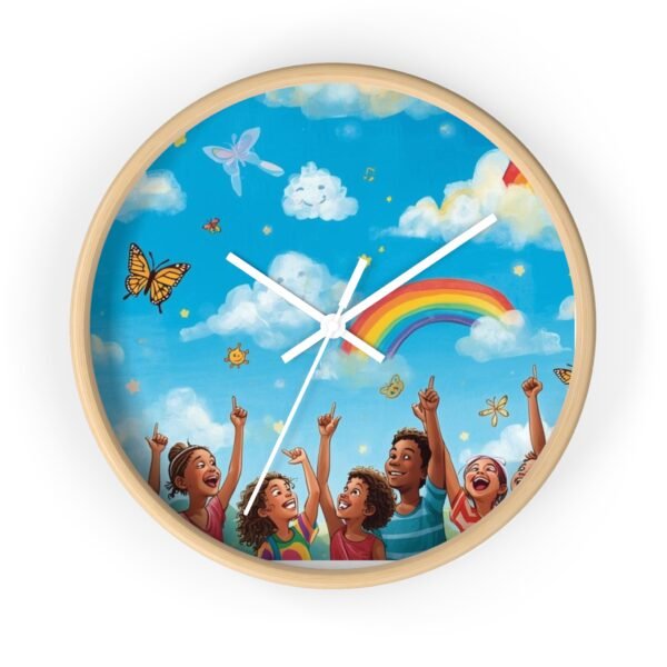 children's rainbow wall clock — joyful diverse kids, clouds & butterflies