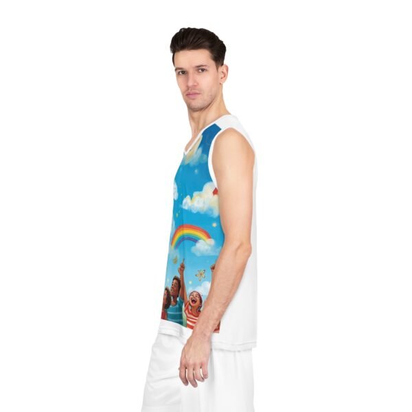 youth rainbow cloud basketball jersey — “painting the cloud” all over print