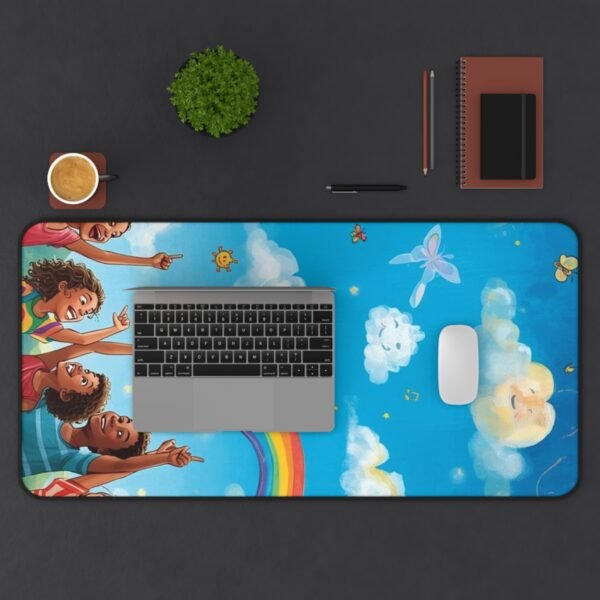 rainbow sky desk mat — playful kids illustration with clouds, rainbow & butterflies