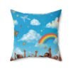rainbow sky decorative pillow — kids room throw pillow with clouds, butterflies & joyful children