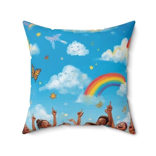 rainbow sky decorative pillow — kids room throw pillow with clouds, butterflies & joyful children