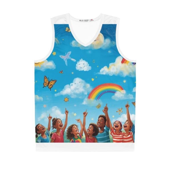 youth rainbow cloud basketball jersey — “painting the cloud” all over print