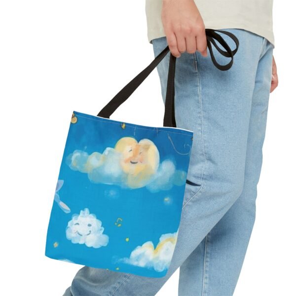 whimsical cloud & rainbow tote bag — cute smiling moon, kids illustration aop tote
