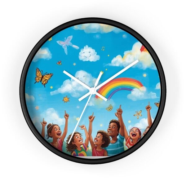children's rainbow wall clock — joyful diverse kids, clouds & butterflies