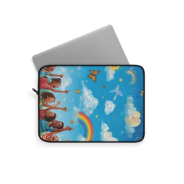 rainbow sky laptop sleeve — whimsical kids cloud, butterflies & rainbow design