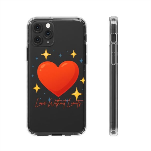 clear impact phone case — red heart & “love without limits” design