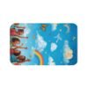 rainbow kids bath mat — joyful diverse children, clouds & butterflies bathroom rug