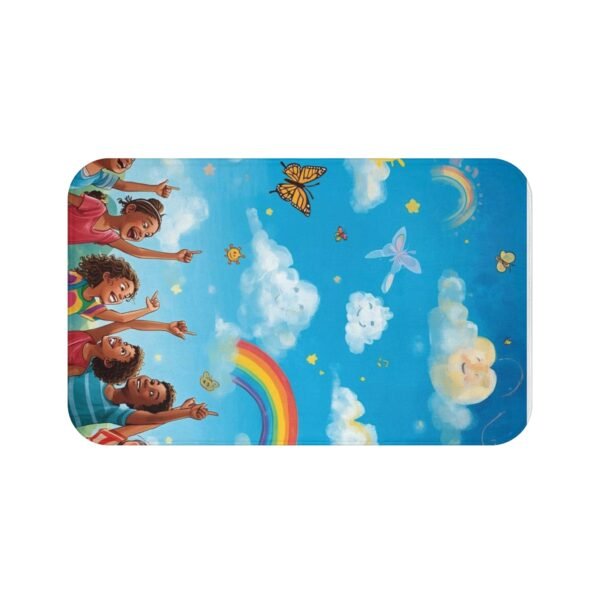 rainbow kids bath mat — joyful diverse children, clouds & butterflies bathroom rug