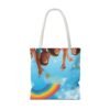 whimsical cloud & rainbow tote bag — cute smiling moon, kids illustration aop tote