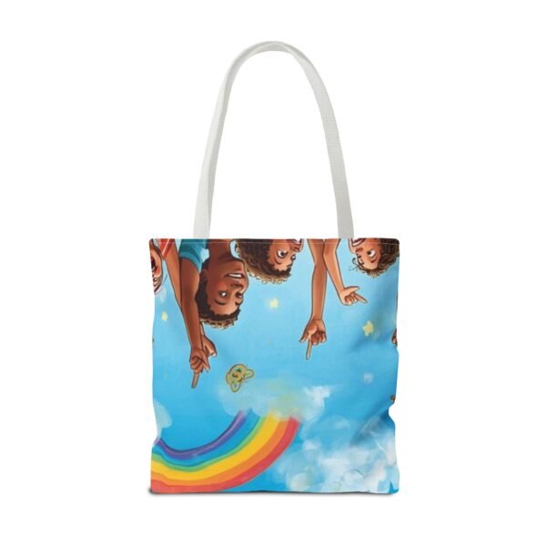 whimsical cloud & rainbow tote bag — cute smiling moon, kids illustration aop tote