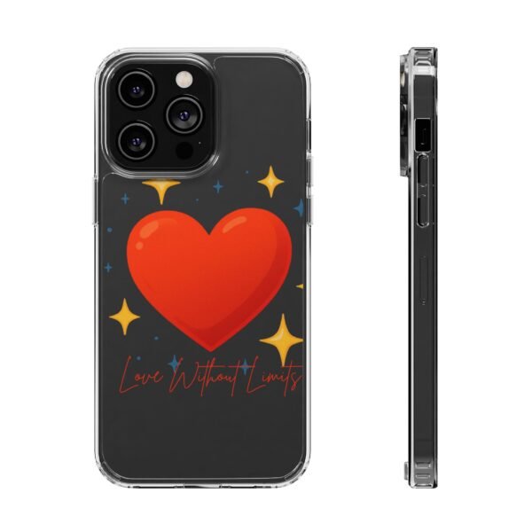 clear impact phone case — red heart & “love without limits” design