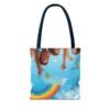 whimsical cloud & rainbow tote bag — cute smiling moon, kids illustration aop tote