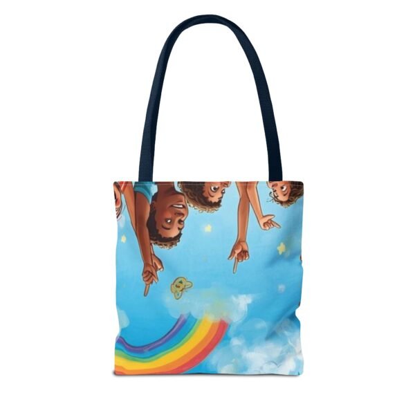 whimsical cloud & rainbow tote bag — cute smiling moon, kids illustration aop tote