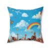 rainbow sky decorative pillow — kids room throw pillow with clouds, butterflies & joyful children