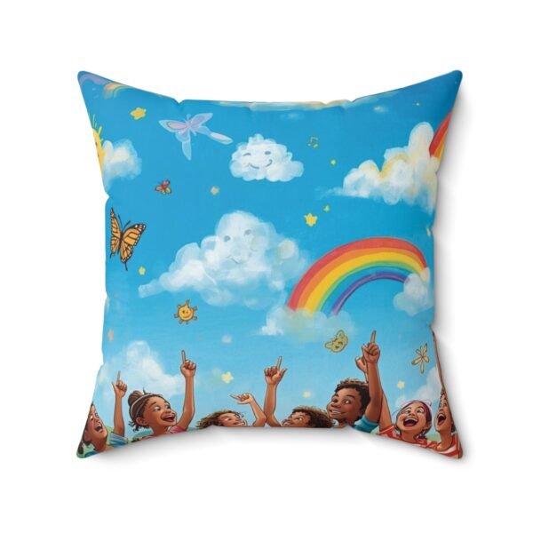 rainbow sky decorative pillow — kids room throw pillow with clouds, butterflies & joyful children