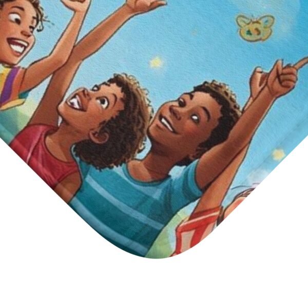 rainbow kids bath mat — joyful diverse children, clouds & butterflies bathroom rug