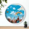 children's rainbow wall clock — joyful diverse kids, clouds & butterflies