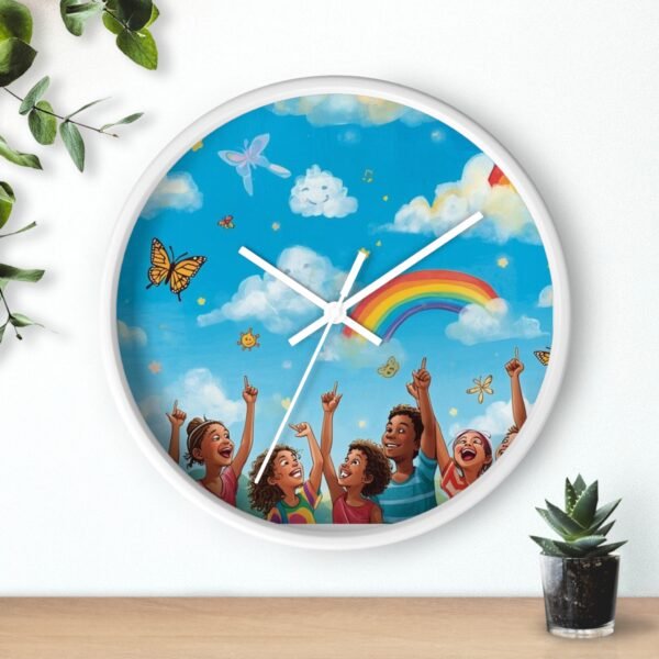 children's rainbow wall clock — joyful diverse kids, clouds & butterflies